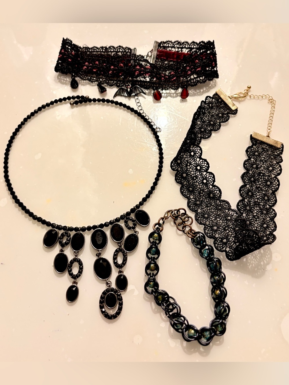 Black Lace & Onyx Choker and Necklace Set of 3 and 1 bracelet Gothic NWOT